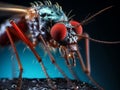 Extreme macro close-up photograph of a mosquito on a skin, dark background, in the style of macro photography, generative ai