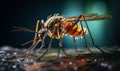 Extreme macro close-up photograph of a mosquito on a skin, dark background, in the style of macro photography, generative ai