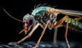 Extreme macro close-up photograph of a mosquito on a skin, dark background, in the style of macro photography, generative ai