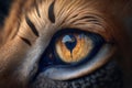 Extreme macro eye lion. Photorealistic image created by artificial intelligence