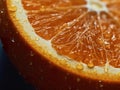 Extreme macro illustration of piece of orange in zoom. Water droplets are on the orange.