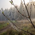 Extreme Macro of Spiderweb with Dew Drops on Budding Tree Branches at Dawn Royalty Free Stock Photo