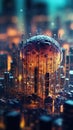 Extreme microscope image of human cell, cityscape, futuristic cinematic