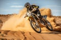 Extreme motocross race riding on dirt sandy desert track. Generative AI