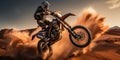 Extreme motorcycle riding. Racer in the sandy desert. Generative AI Royalty Free Stock Photo