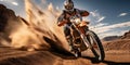 Extreme motorcycle riding. Racer in the sandy desert. Generative AI Royalty Free Stock Photo