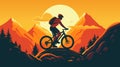 Extreme biker riding on hills, on mountainous nature background during sunset, vector illustration.