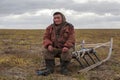 The extreme north, Yamal, reindeer in Tundra , open area, assistant reindeer breeder, the men in national clothes