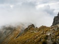 Panoramic view of Carpathian Mountains with dramatic light through the mountains. Royalty Free Stock Photo