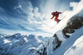 An extreme skier performing a high jump against a backdrop of snowy mountains, capturing the essence of adventure and risk, Royalty Free Stock Photo