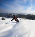 Male skier freeriding on wide open mountain slope. Extremal skiing down between low fir trees. Panoramic mountain view. Royalty Free Stock Photo