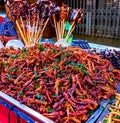 Extreme snacks of Thailand, the heap of grilled insects and scorpions on sticks, Chinatown in Bangkok Royalty Free Stock Photo