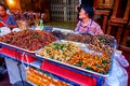 Extreme snacks of Thailand, grilled insects, frogs, scorpions and bugs on sticks, Chinatown in Bangkok