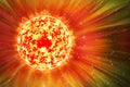 Extreme solar storm, solar flares. Sunburst rays of sunlight. Bright luminous sun with light effect, sunshine with lens flare. Royalty Free Stock Photo