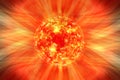 Extreme solar storm, solar flares. Sunburst rays of sunlight. Bright luminous sun with light effect, sunshine with lens flare.