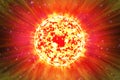 Extreme solar storm, solar flares. Sunburst rays of sunlight. Bright luminous sun with light effect, sunshine with lens flare.