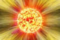 Extreme solar storm, solar flares. Sunburst rays of sunlight. Bright luminous sun with light effect, sunshine with lens flare.