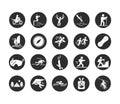 Extreme sport active lifestyle swim motocross runner climber hiking diving block and flat icons set