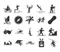 Extreme sport active lifestyle swim motocross runner climber hiking diving silhouette icons set design