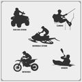 Extreme sport emblems. Quad bike, Snowmobile, Mountain climbing, Motocross jumping, Moto freestyle, Kayaking. Royalty Free Stock Photo