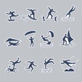 Extreme sport. Fitness icons active lifestyle outdoor people climbing rafting running walking jumping recent vector