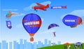 Extreme sport, skydiving, paragliding, flight with parachute vector illustration. Xtreme sport activity in summer. Man