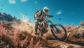 Extreme sports adventure men speed outdoors, cycling motorcycle racing mountain generated by AI Royalty Free Stock Photo