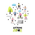 Extreme Sports Cartoons. Teenager Skateboarding, Man on Bicycle, Girl Rolling. Active Characters People Playing Outdoor Royalty Free Stock Photo