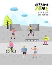 Extreme Sports Poster, Banner, Brochure. Teenager Skateboarding, Man on Bicycle, Girl Rolling. Active People Outdoor Royalty Free Stock Photo