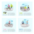 Extreme Sports Poster, Banner, Brochure. Teenager Skateboarding, Man on Bicycle, Girl Rolling. Active People Outdoor Royalty Free Stock Photo