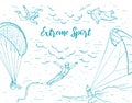 Extreme sports sketch horizontal vector banner. Bungee jumping, kite surfing, free fall, paraglider, skydivers