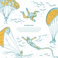 Extreme sports sketch vector template. Bungee jumping, kite surfing, free fall. Skydivers flying with a paraglider and parachute