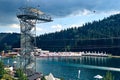 An extreme sportsman jumps on a rope from a great height. Ropejumping Bungy . Happy young people climbing in extreme road trolley