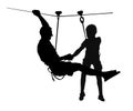 Extreme sportsman took down with rope. Man climbing silhouette.