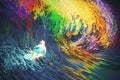 Extreme surfer rides a colorful ocean wave