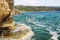 extreme swimming. adventure of mother and son extreme bathing ne Royalty Free Stock Photo