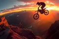 Extreme thrill silhouette of a motorbike rider executing daring mountain stunt