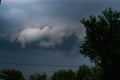 Extreme thunderstorm shelf cloud. Summer landscape of severe weather