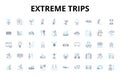 Extreme trips linear icons set. Adventurous, Thrilling, Intense, Challenging, Grueling, Extreme, Dangerous vector