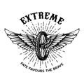 Extreme. Tshirt print template with winged wheel. Vector