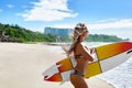 Extreme Water Sport. Surfing. Girl With 0Surfboard Beach Running. Royalty Free Stock Photo