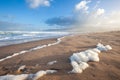 Extreme wide-angle scenic at Pensacola Beach in Florida. Seagulls, breakers, blue skies