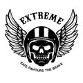 Extreme. Winged skull on black background. Design element for logo, label, emblem, sign, poster