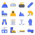 Extreme winter sport. Ski, snowboard and other equipment. Vector icon set in flat style