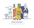 Extreme winter sport, snowboarding equipment web banner. Snowboarder in warm winter outfit, sports equipment and sportswear.