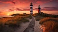 Two lighthouses on a sand dunes in evening sunlight Royalty Free Stock Photo