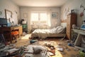 Extremely Chaotic, Untidy And Dirty Bedroom With Scattered Clothes And Cluttered Floor - Generative AI