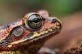 an extremely close up macro shot of a dart frogs eye, extremely zoomed in on the dart frogs eye and the skin texture, highly