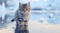 Extremely cute kitten on an iced lake in winter