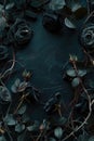 Extremely dark green concrete wall surface background. Intricate creative floral frame with black roses Royalty Free Stock Photo